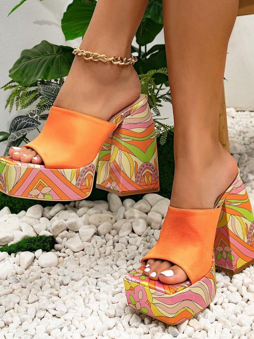 Women's Orange Chunky Platform High Heels Square Open Wedge Sandals Shoes - Picture 5 of 7